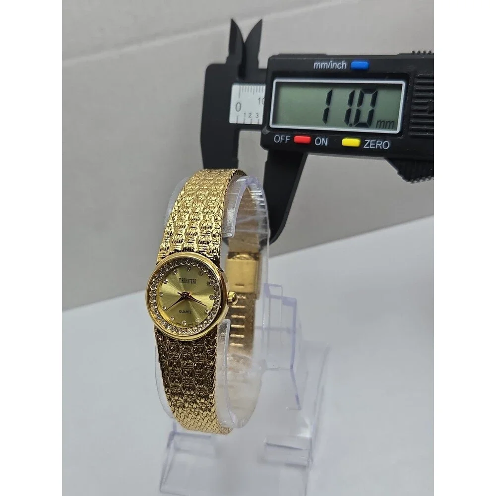 Manhattan Croton Womens Gold Tone Crystal Bezel Basket Weave Watch New Battery